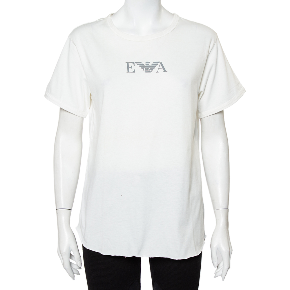 luxury-women-emporio-armani-used-clothes-p424059-006 Emporio Armani White Cotton Logo Printed Crewneck T-Shirt L