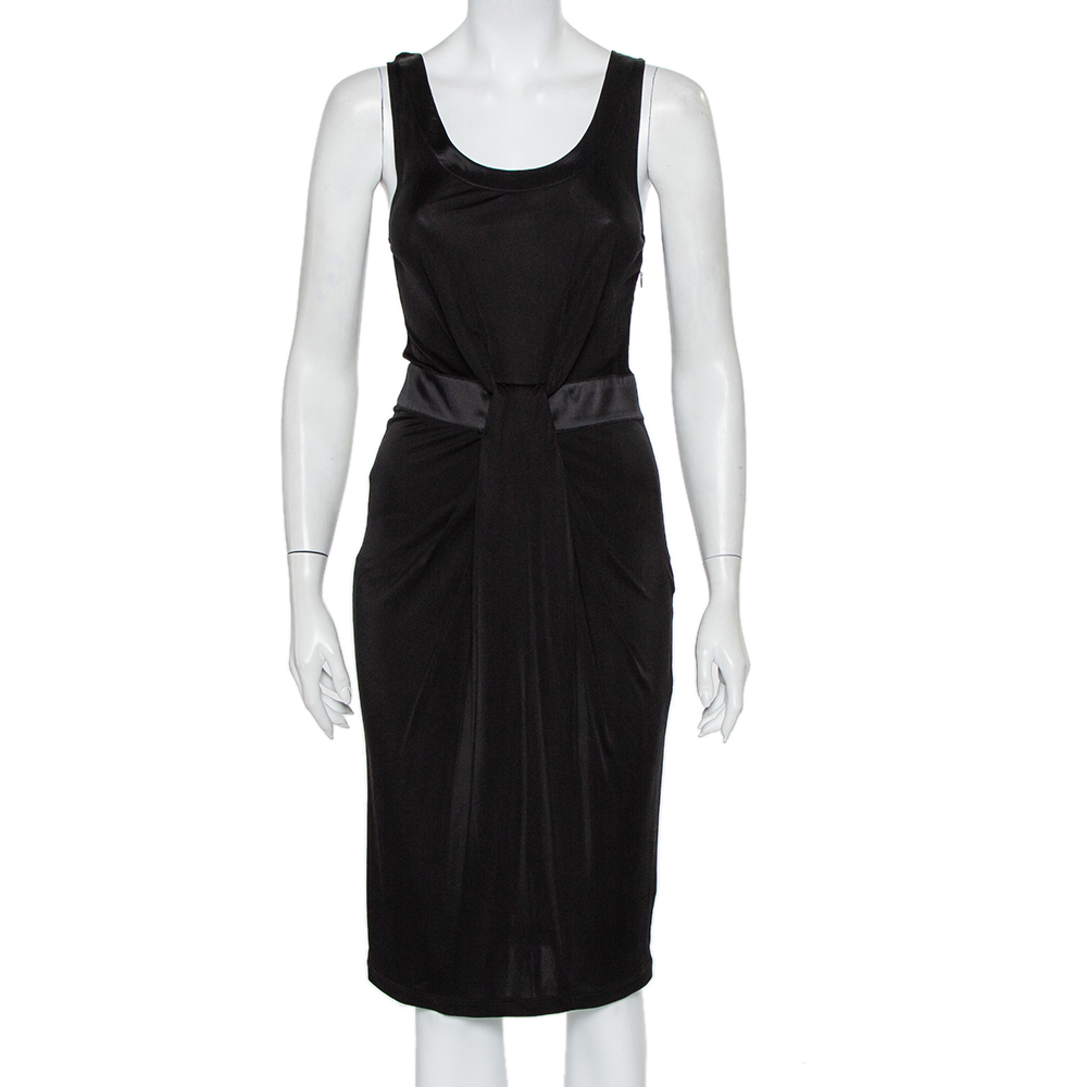 luxury-women-emporio-armani-used-clothes-p427083-006 Emporio Armani Black Knit Contrast Trim Draped Detail Sleeveless Midi Dress S