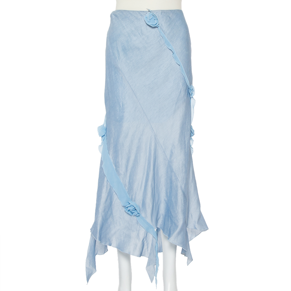 luxury-women-emporio-armani-used-clothes-p436856-001 Emporio Armani Blue Linen & Silk Floral Applique Trim Detail Midi Skirt M