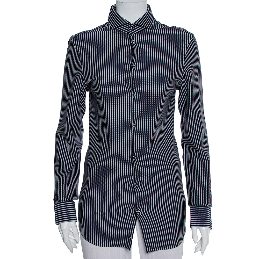 luxury-women-emporio-armani-used-clothes-p457831-003 Emporio Armani Navy Blue Striped Cotton Knit Button Front Shirt S