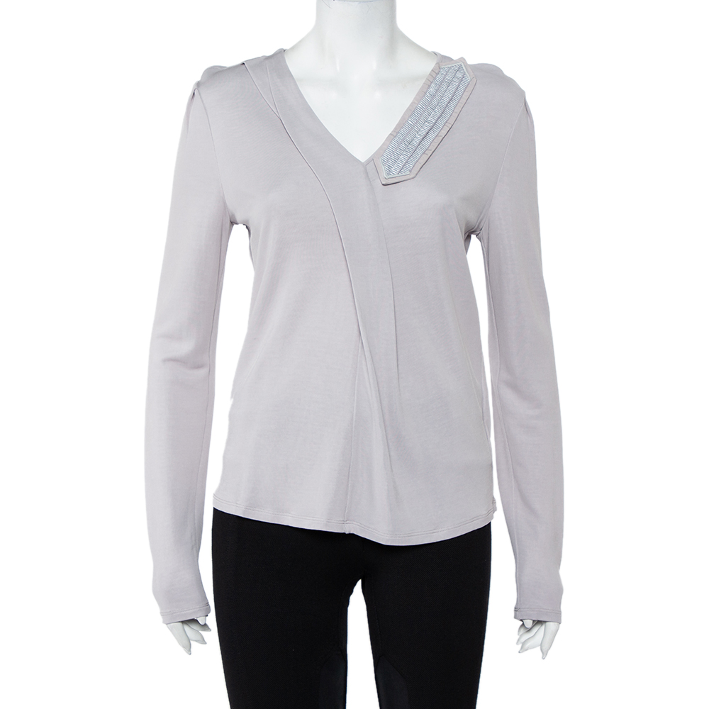 luxury-women-emporio-armani-used-clothes-p458462-006 Emporio Armani Grey Knit Draped Detail Long Sleeve Top L
