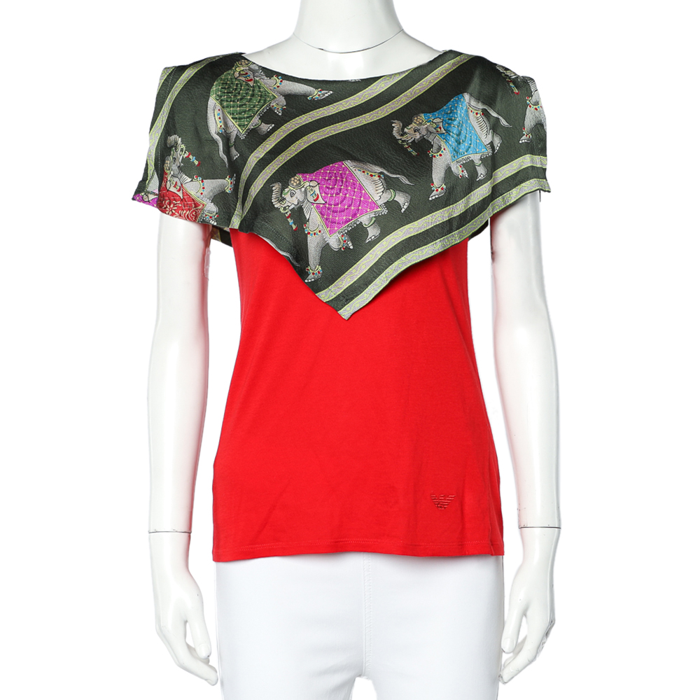 luxury-women-emporio-armani-used-clothes-p468617-005 Emporio Armani Red Jersey Playful Elephant Print Silk Paneled Top S