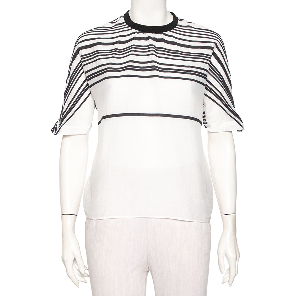 luxury-women-emporio-armani-used-clothes-p476879-009 Emporio Armani White Cotton & Silk Striped Detail T-Shirt L