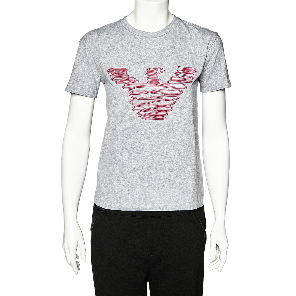 luxury-women-emporio-armani-used-clothes-p499916-007 Emporio Armani Grey Cotton Logo Embroidered Crew Neck T-Shirt S