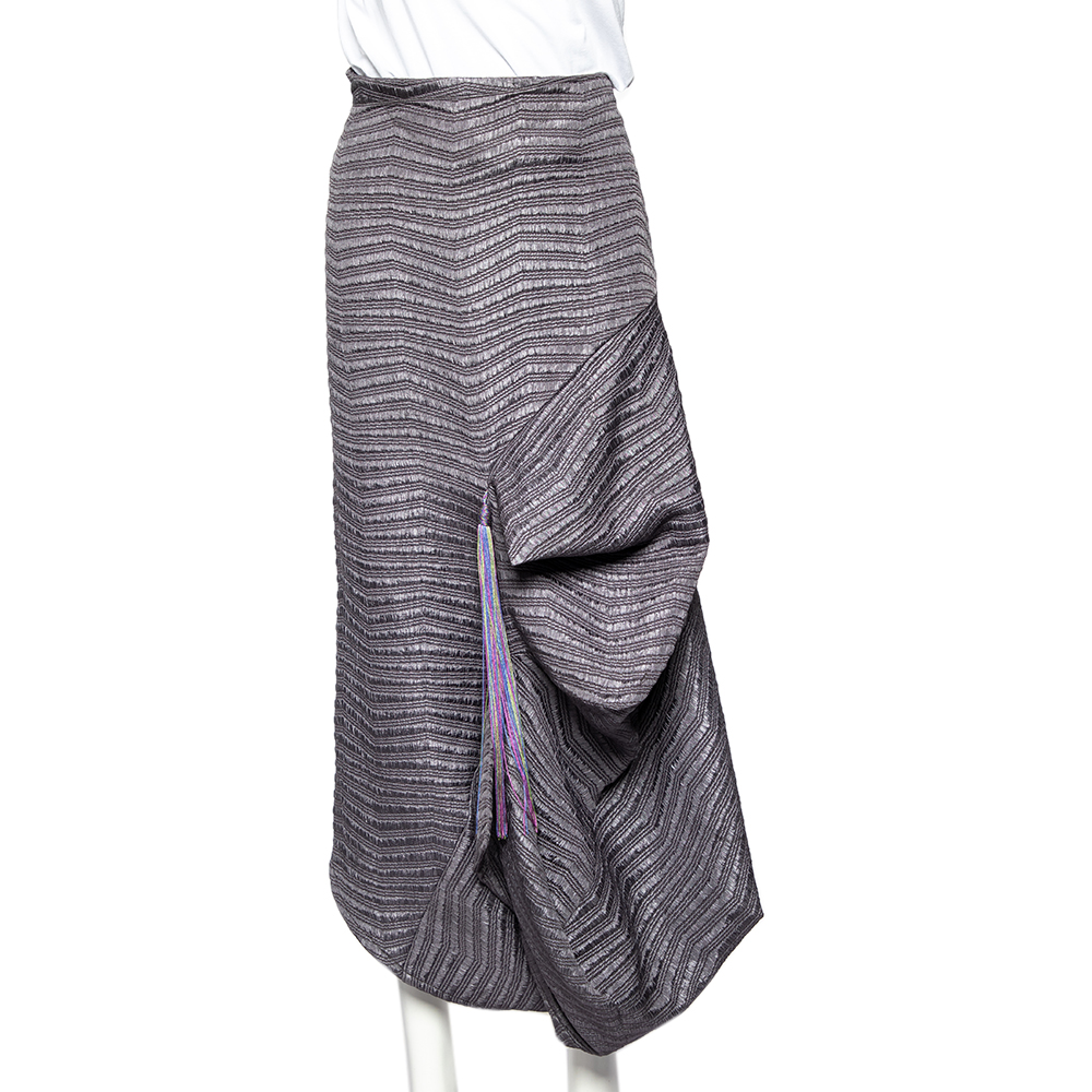 luxury-women-emporio-armani-used-clothes-p500262-004 Emporio Armani Grey Textured Synthetic Tassel Trim Draped Midi Skirt M