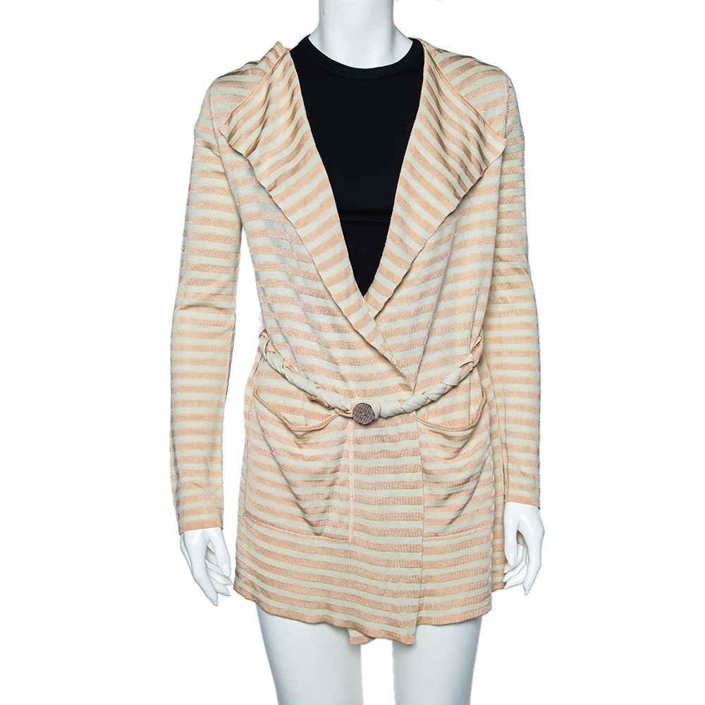 luxury-women-emporio-armani-used-clothes-p500366-001-2 Emporio Armani Beige Striped Knit Belted Cardigan S