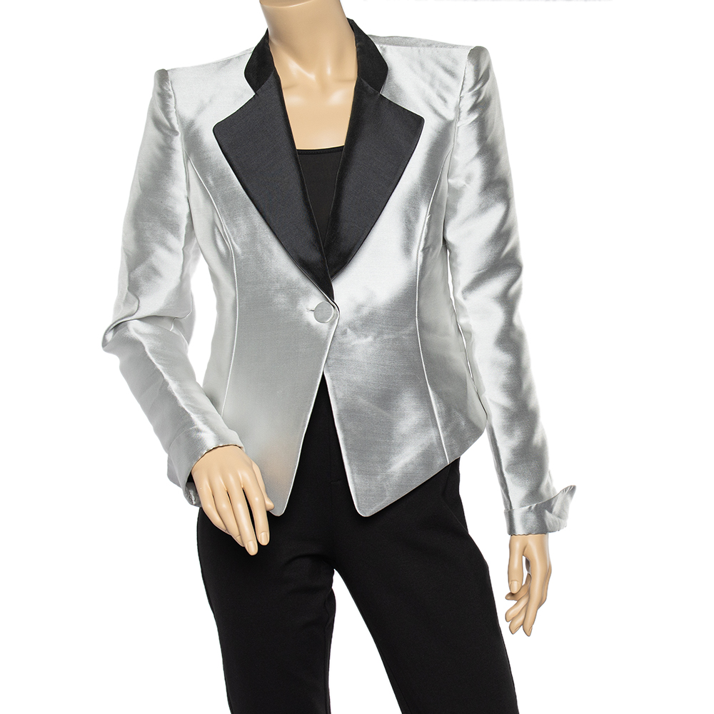luxury-women-emporio-armani-used-clothes-p518515-001-2 Emporio Armani Metallic Silver Synthetic Contrast Detail Cropped Blazer L