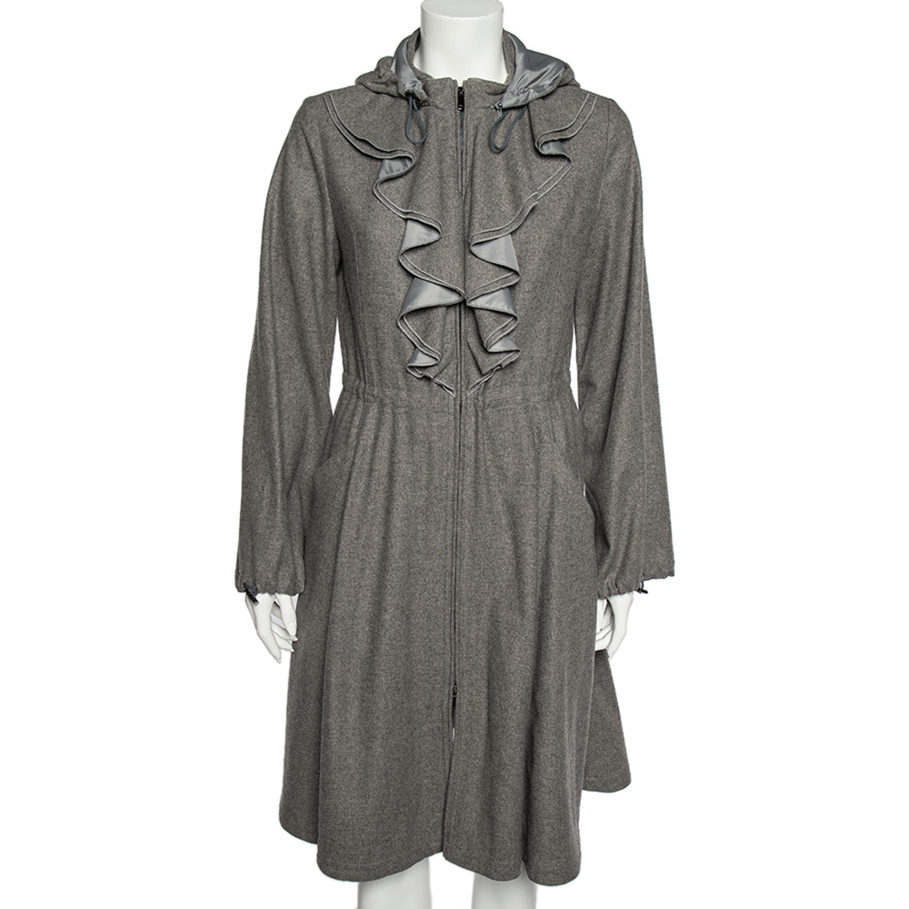 luxury-women-emporio-armani-used-clothes-p519004-002 Emporio Armani Grey Wool And Cashmere Ruffled Neck Hooded Coat S