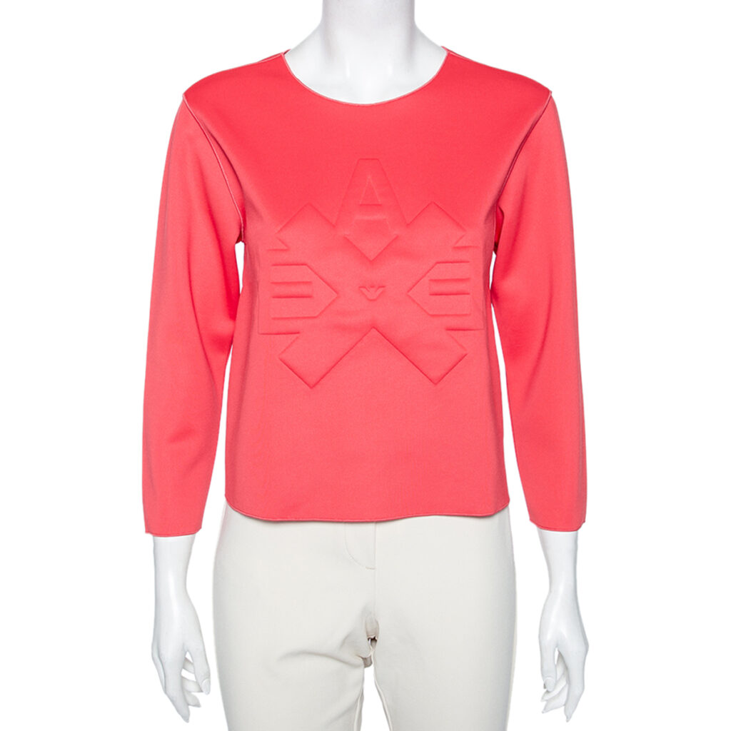luxury-women-emporio-armani-used-clothes-p580359-002-1 Emporio Armani Pink Jersey Logo Embossed Long Sleeve Top M