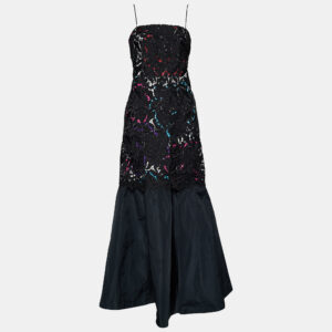 Emporio Armani Black Printed Satin & Lace Overlay Maxi Dress M