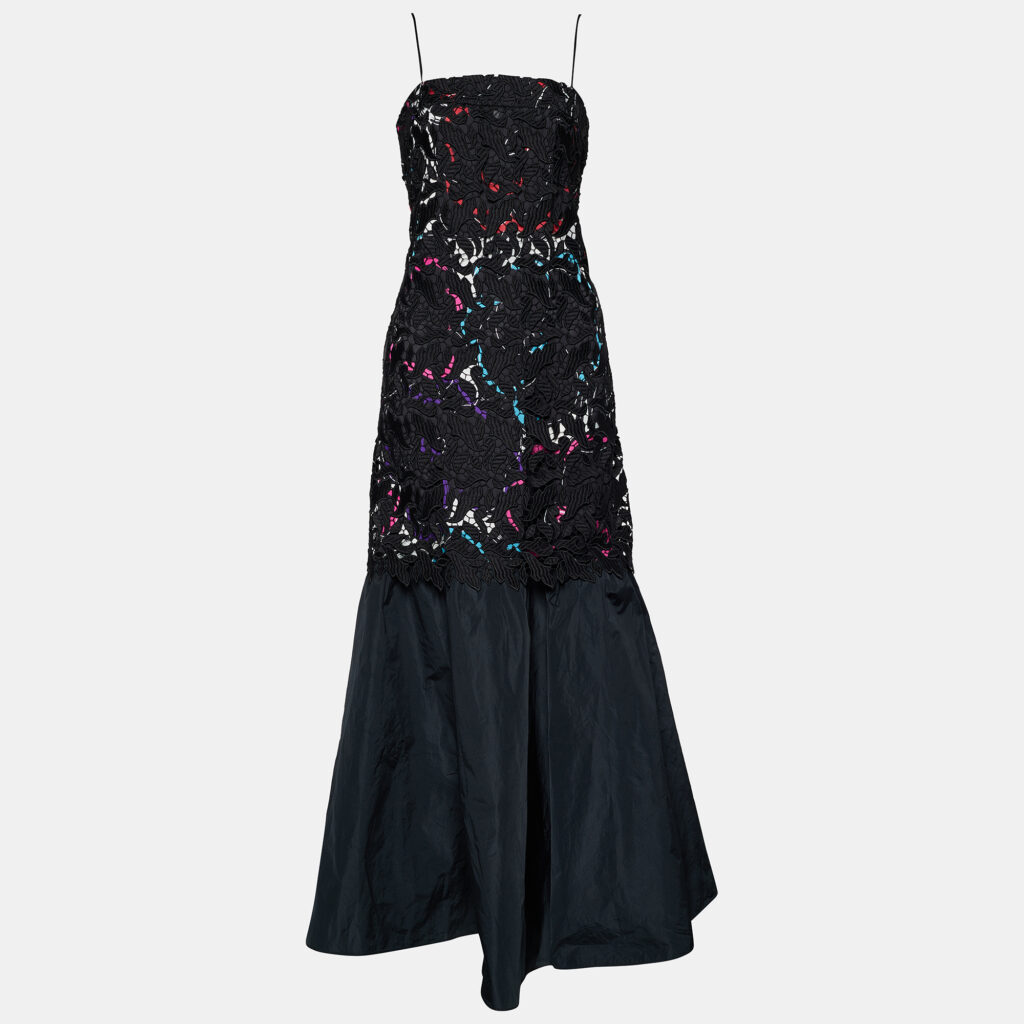 luxury-women-emporio-armani-used-clothes-p714952-002 Emporio Armani Black Printed Satin & Lace Overlay Maxi Dress M