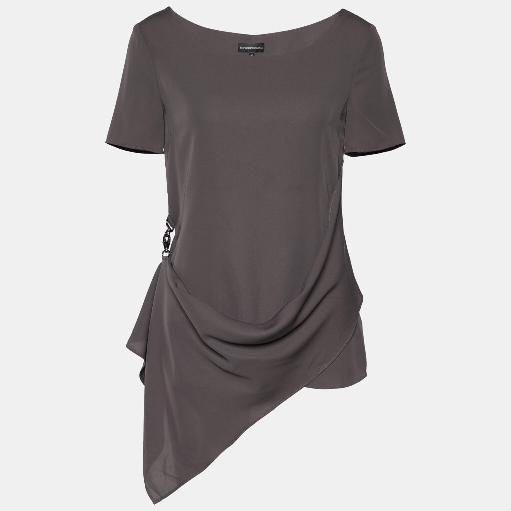 Emporio Armani Dark Grey Crepe Draped Detail Blouse S