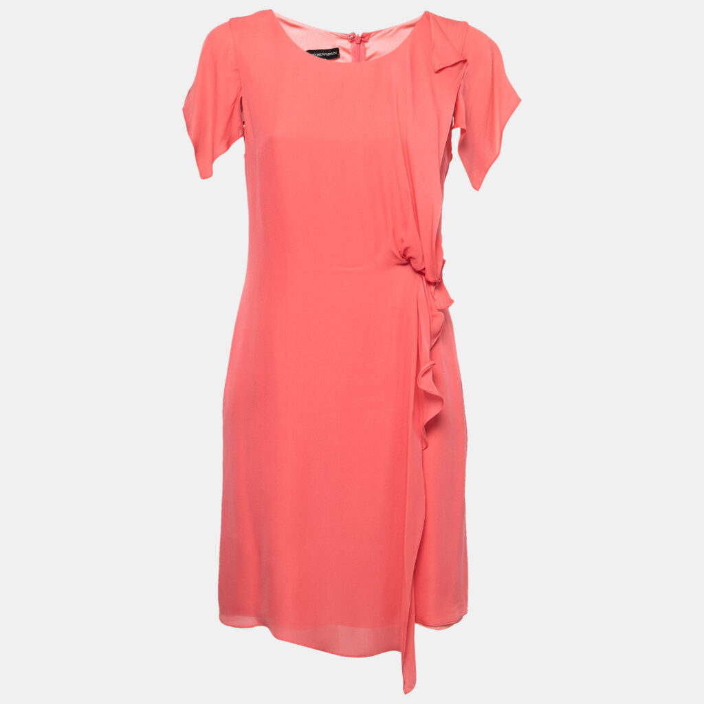 luxury-women-emporio-armani-used-clothes-p760956-001 Emporio Armani Salmon Pink Silk Draped Detail Midi Dress M