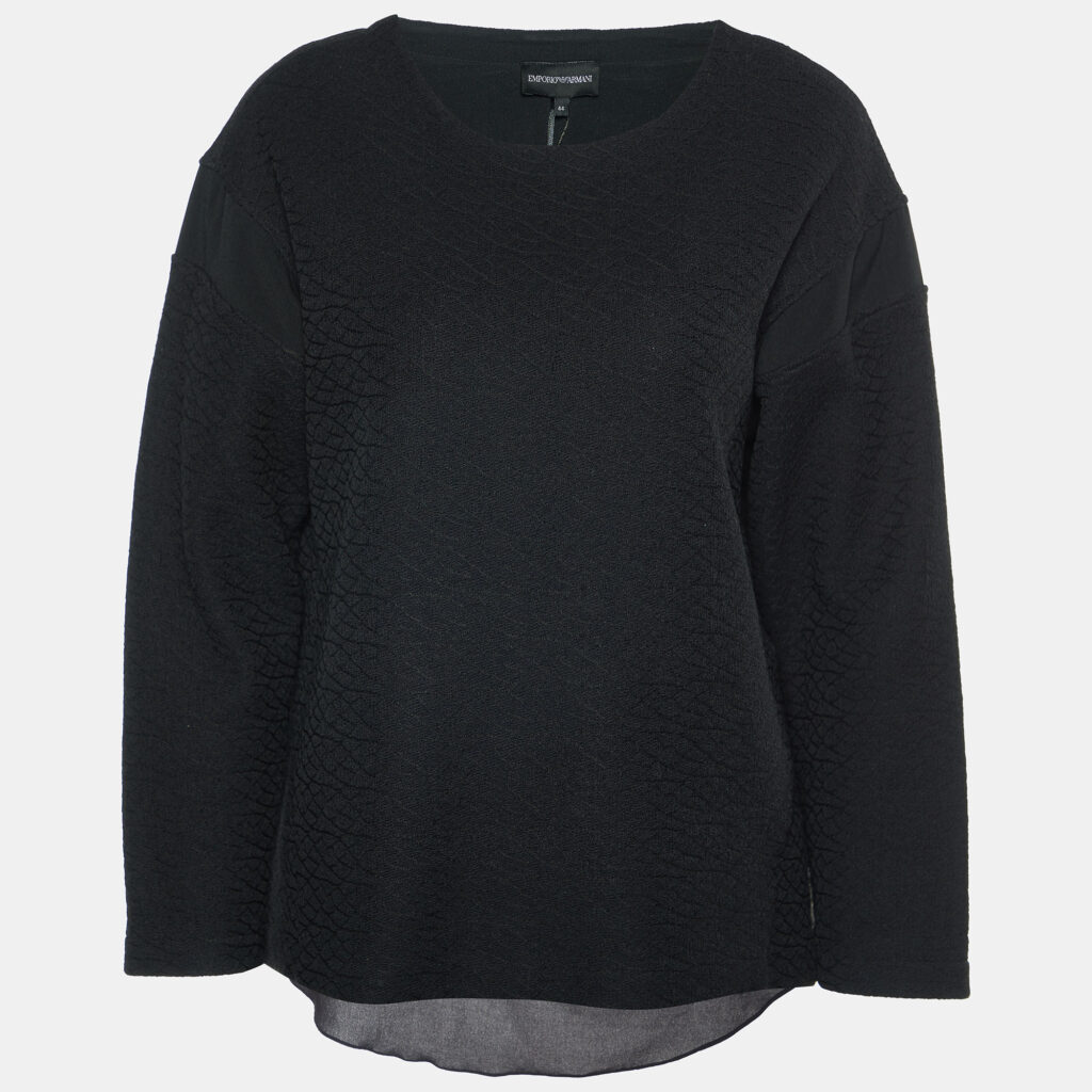 luxury-women-emporio-armani-used-clothes-p790868-001 Emporio Armani Black Textured Cotton Blend Split Back Detail Top M