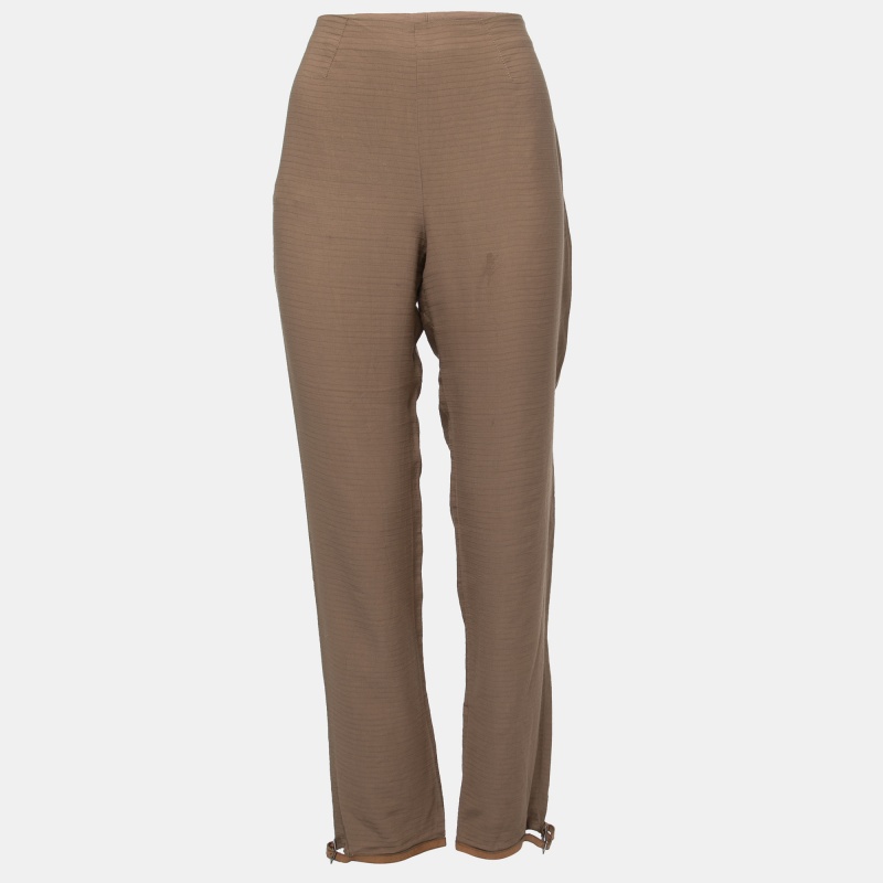 luxury-women-emporio-armani-used-clothes-p856224-1694752287-001 Emporio Armani Brown Linen Blend Buckle Hem Detail High Waist Trousers M