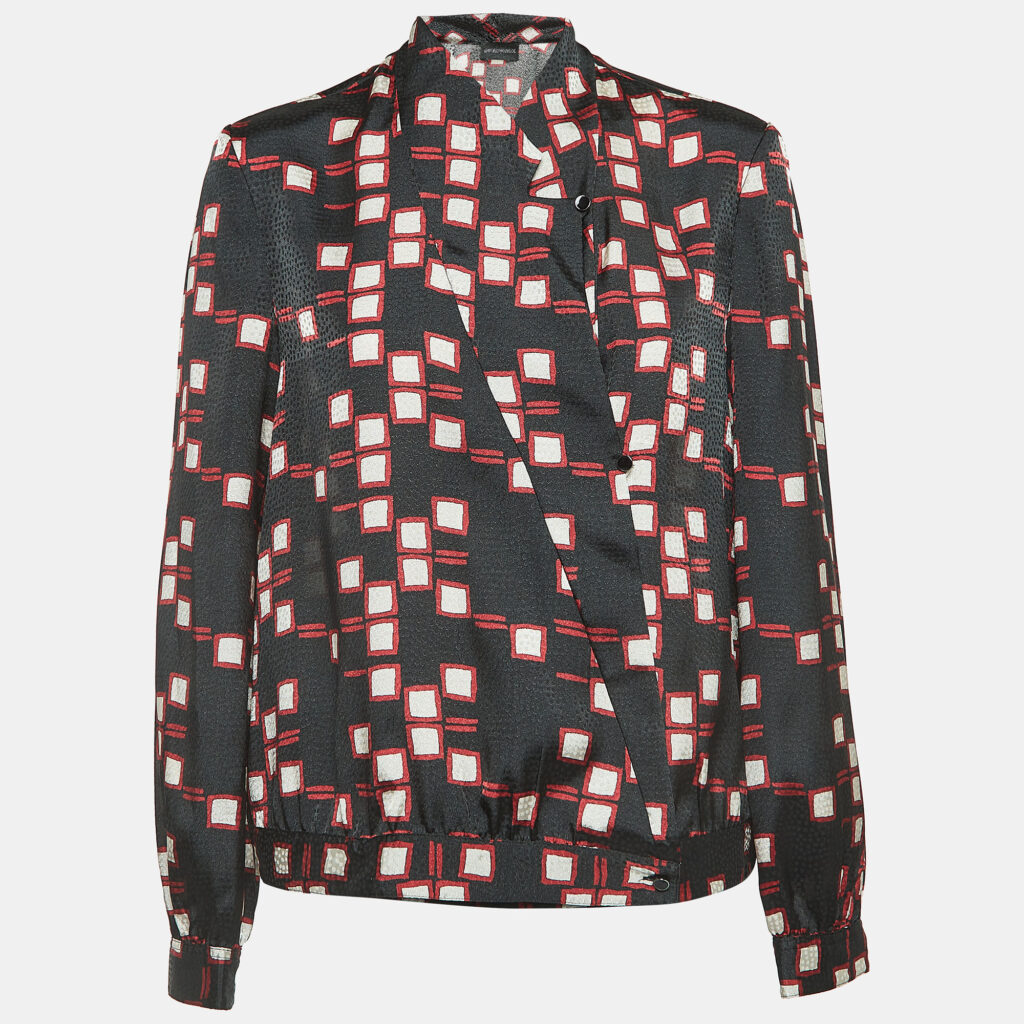 luxury-women-emporio-armani-used-clothes-p933271-001 Emporio Armani Black Geometric Print Synthetic Long Sleeve Blouse M