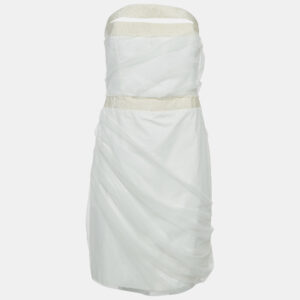 Emporio Armani Off White Tulle Ruched Halter Neck Mini Dress S