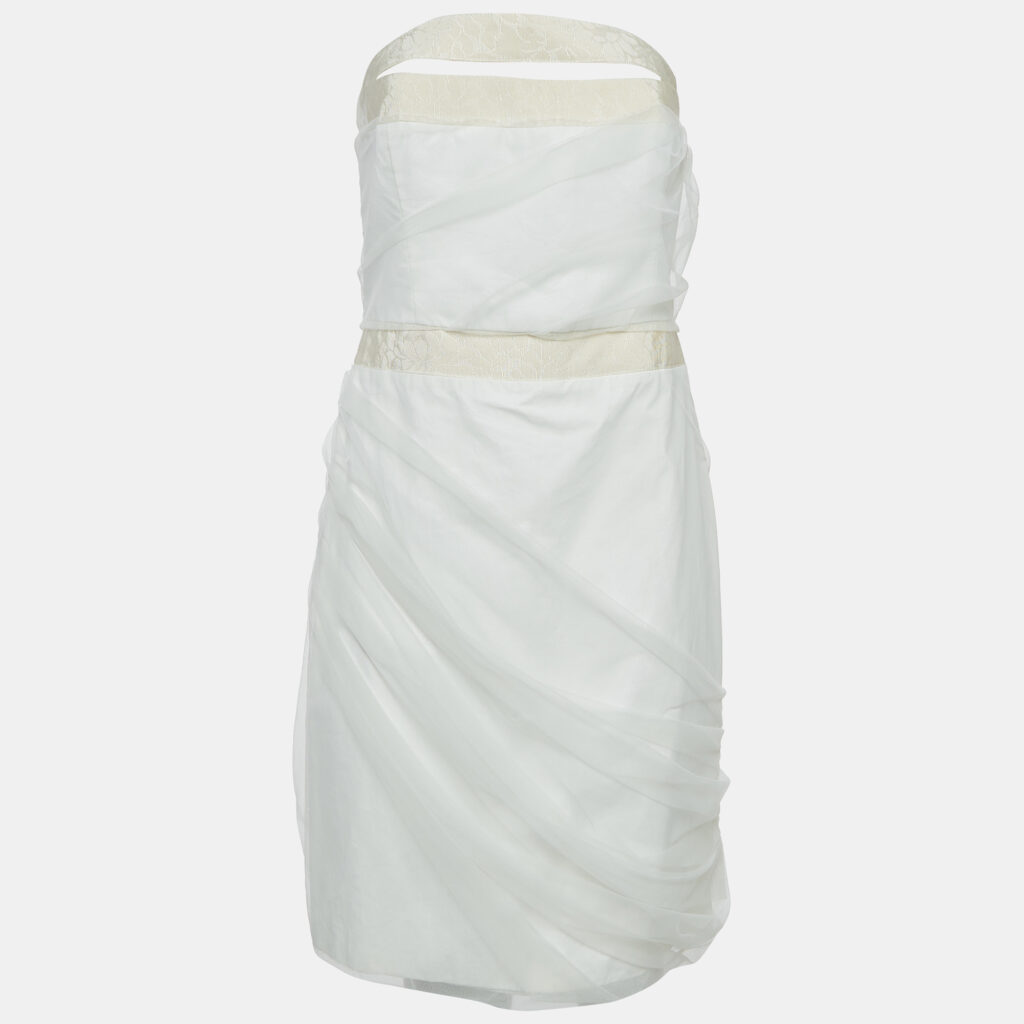 luxury-women-emporio-armani-used-clothes-p982550-001 Emporio Armani Off White Tulle Ruched Halter Neck Mini Dress S