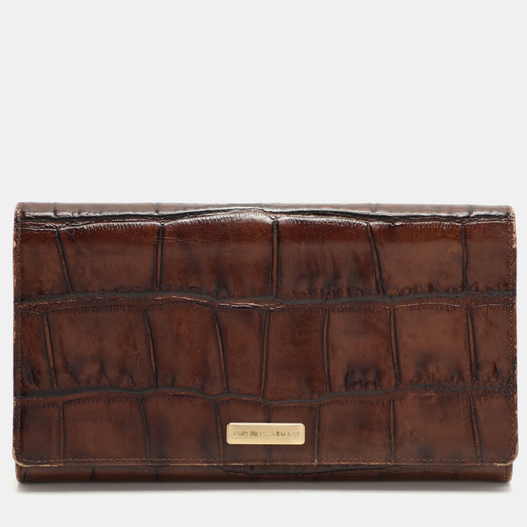 luxury-women-emporio-armani-used-handbags-p1069445-011 Emporio Armani Brown Alligator Embossed Leather Flap Wallet