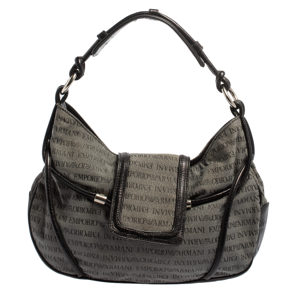 luxury-women-emporio-armani-used-handbags-p413992-010 Emporio Armani Black/Grey Monogram Canvas and Leather Hobo
