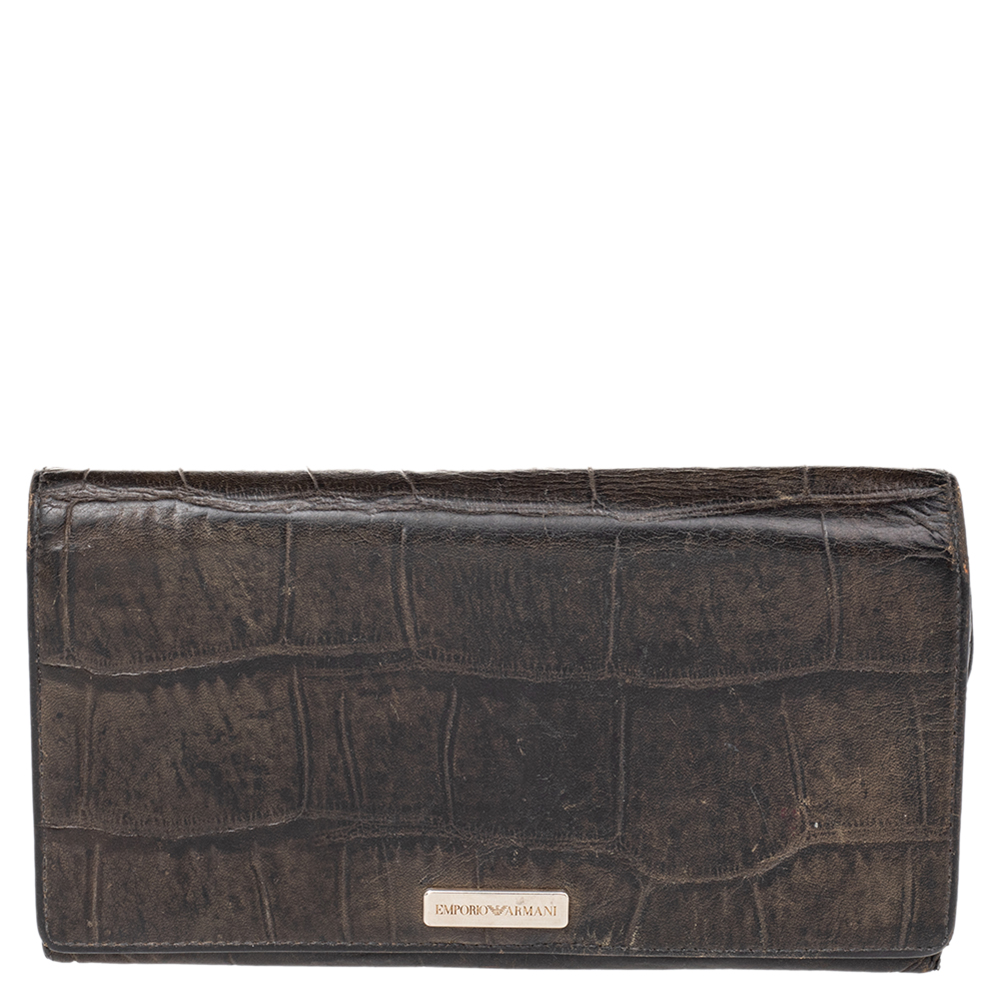 luxury-women-emporio-armani-used-handbags-p469420-008 Emporio Armani Black Croc Embossed Leather Flap Wallet