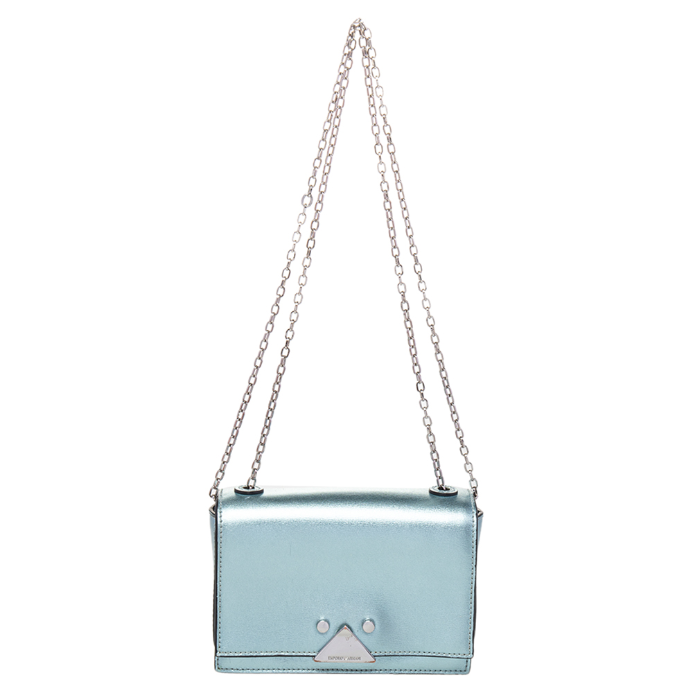 luxury-women-emporio-armani-used-handbags-p470959-009 Emporio Armani Metallic Mint Green Leather Chain Shoulder Bag