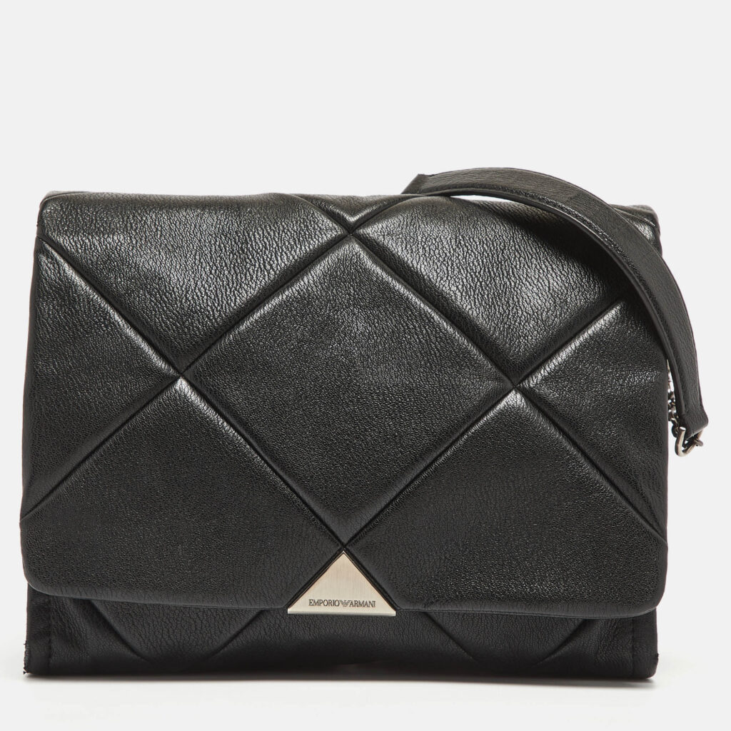 luxury-women-emporio-armani-used-handbags-p975813-016 Emporio Armani Black Quilted Faux Leather Noelle Flap Shoulder Bag