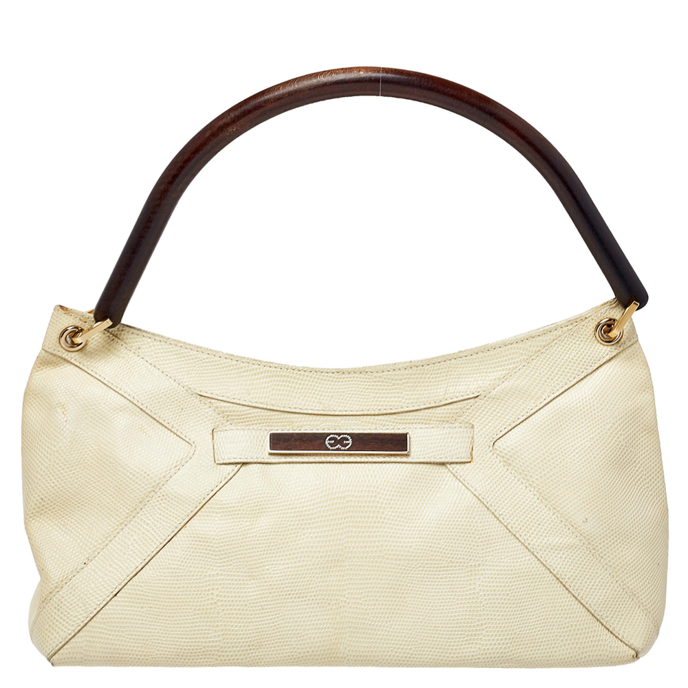 luxury-women-escada-used-handbags-p405647-008 Escada Cream Lizard Embossed Leather Baguette Shoulder Bag