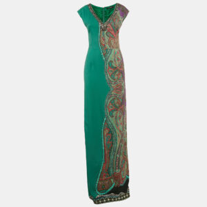 Etro Green Paisley Print Crepe Embellished Maxi Dress S