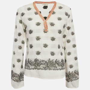 Etro White Textured Brocade V-Neck Top M