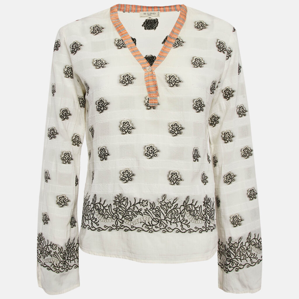 Etro White Textured Brocade V-Neck Top M