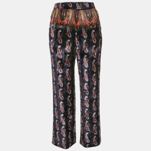 Etro Navy Blue Paisley Print Velvet Wide Leg Trousers S
