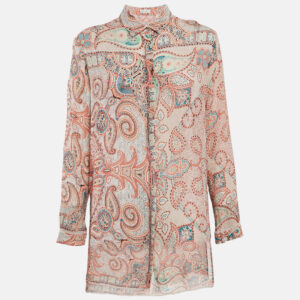 Etro Orange Paisley Print Crinkled Chiffon Shirt L