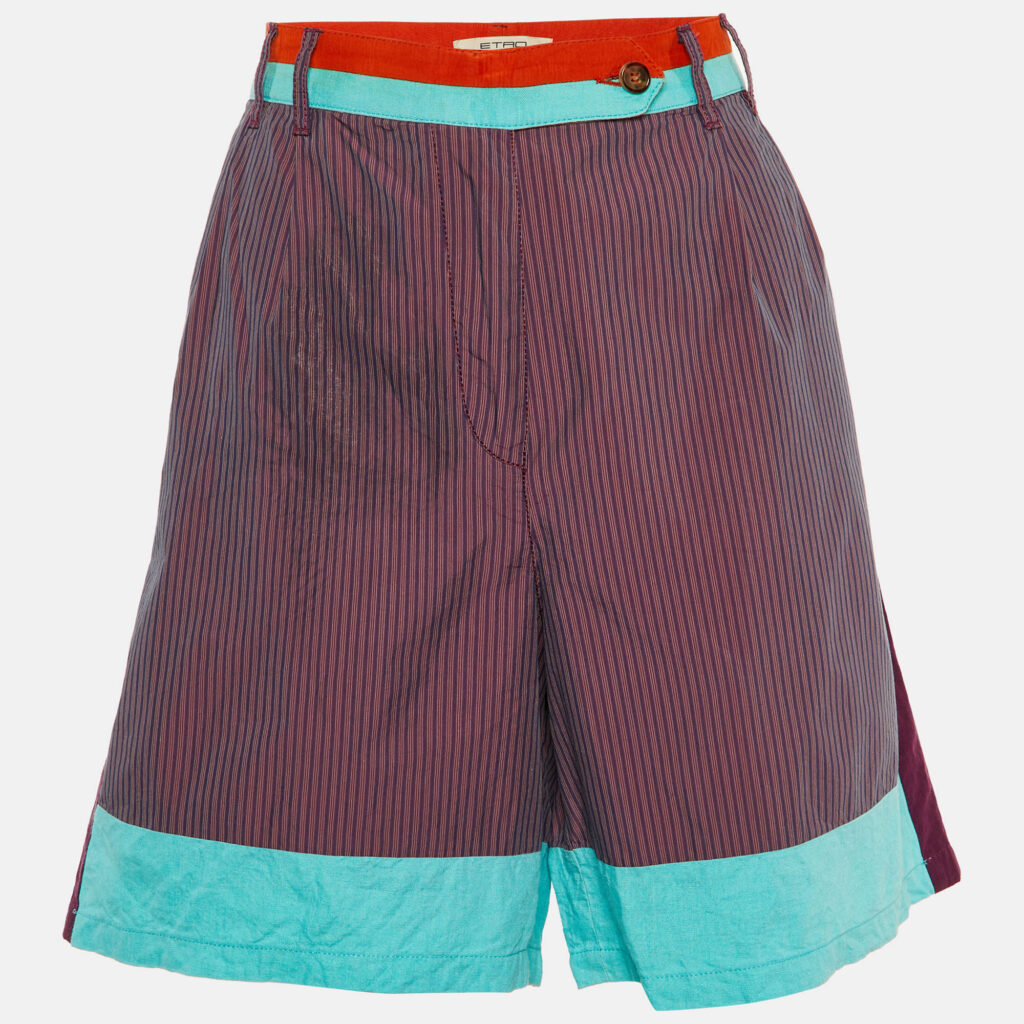 Etro Purple Colorblock Striped Cotton & Linen Shorts M