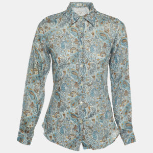 etro blue paisley print ramie button front shirt s