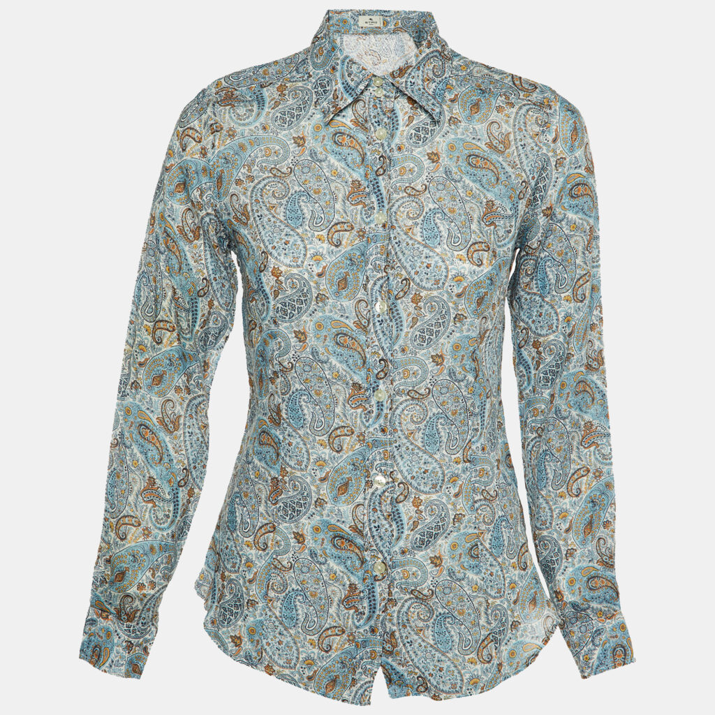 luxury-women-etro-used-clothes-p1147995-001.jpg Etro Blue Paisley Print Ramie Button Front Shirt S