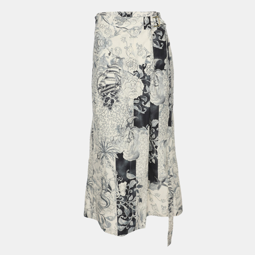 Etro White/Grey Painterly Cotton Wrap Maxi Skirt L