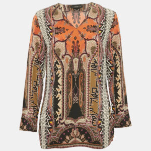 Etro Brown Paisley Print Silk V-Neck Blouse L