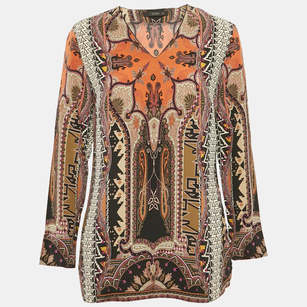 luxury-women-etro-used-clothes-p1169922-001 Etro Brown Paisley Print Silk V-Neck Blouse L