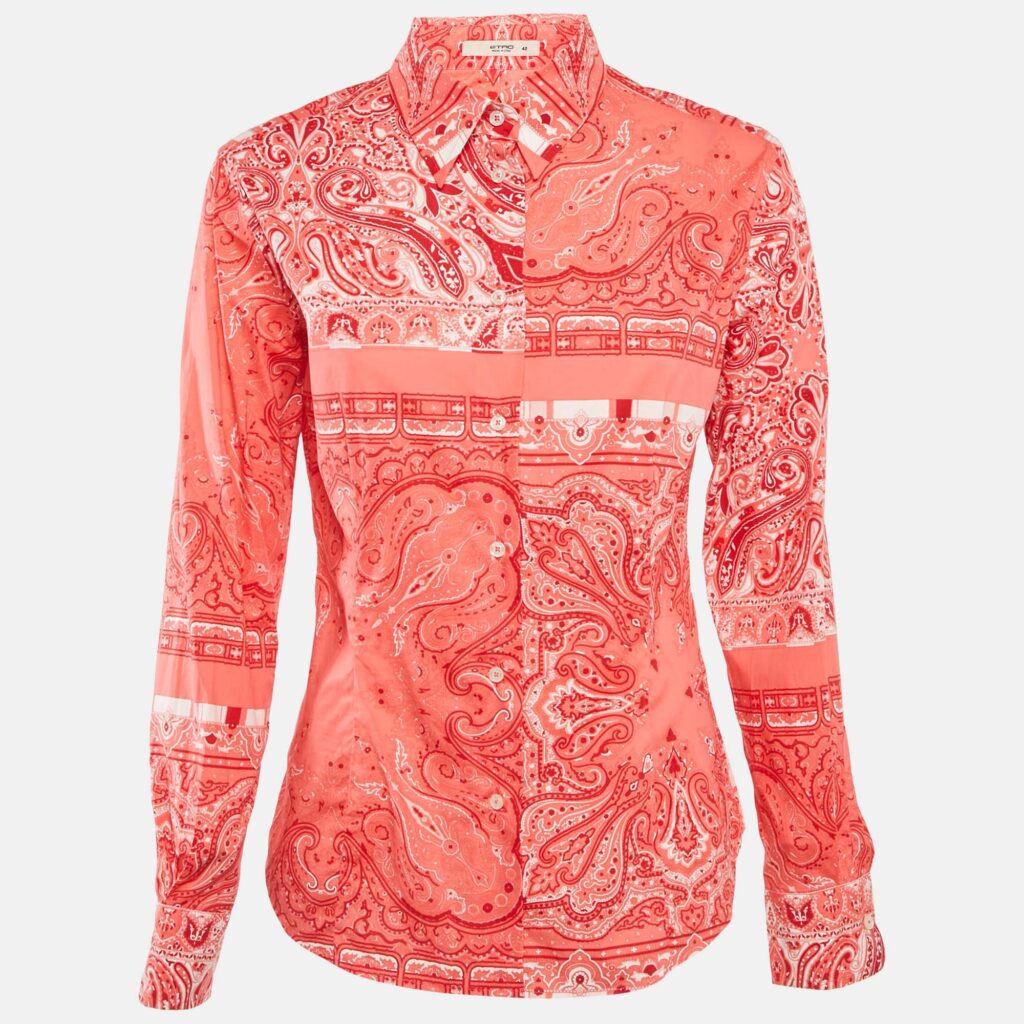 luxury-women-etro-used-clothes-p1169927-005 Etro Coral Pink Paisley Print Cotton Button Front Shirt M