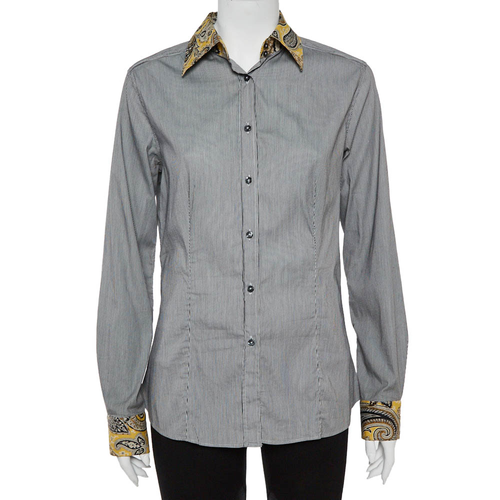 Etro Black and White Cotton Stripe Body with Paisley Print Shirt L