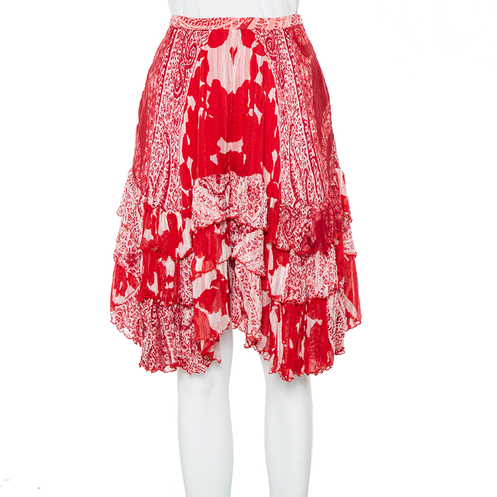 luxury-women-etro-used-clothes-p460486-006 Etro Red Printed Silk Tiered Mini Skirt S