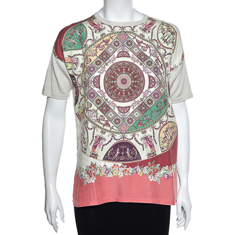 luxury-women-etro-used-clothes-p564066-007-2 Etro Multicolored Printed Silk & Cotton Knit Short Sleeve T-Shirt S