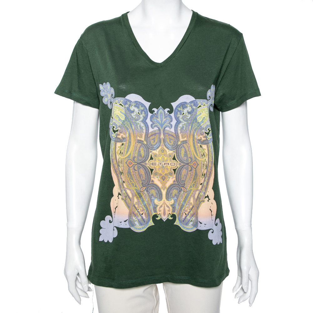 luxury-women-etro-used-clothes-p586557-001-2 Etro Green Paisley Printed Cotton Short Sleeve T-Shirt S