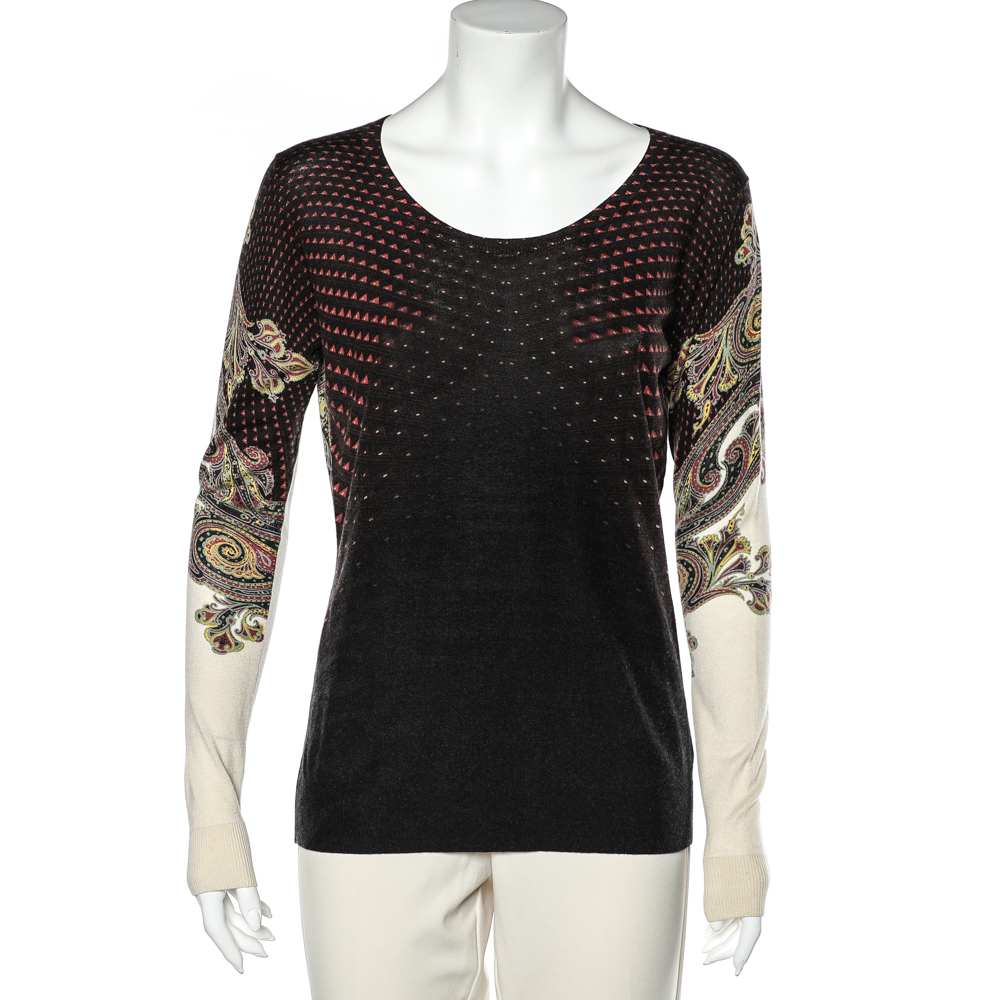 luxury-women-etro-used-clothes-p595997-002-2 Etro Multicolor Printed Silk & Cashmere Knit Roundneck Sweater L