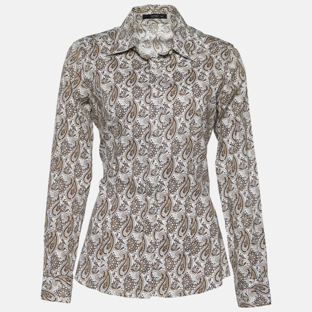 luxury-women-etro-used-clothes-p687631-002-1 Etro Brown & White Paisley Print Stretch Cotton Shirt M
