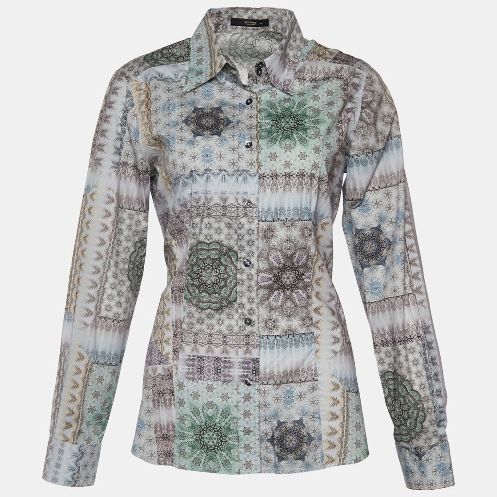 luxury-women-etro-used-clothes-p696186-001-1 Etro Grey Kaleidoscope Print Stretch Cotton Button Front Shirt M