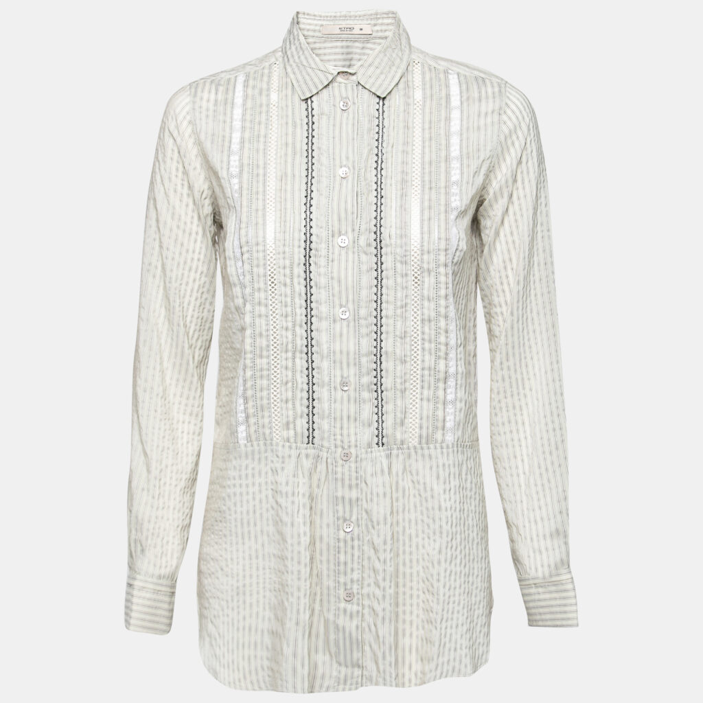 luxury-women-etro-used-clothes-p715079-002 Etro Grey Cotton & Lace Trimmed Long Sleeve Button Front Blouse S
