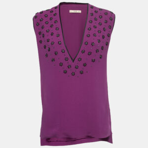 Etro Purple Crepe Beads Embellished V-Neck Sleeveless Blouse M
