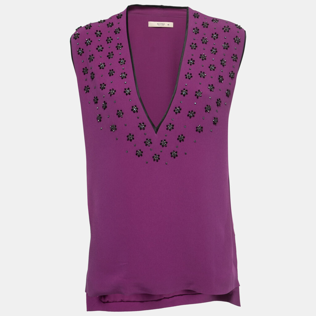 luxury-women-etro-used-clothes-p839117-002 Etro Purple Crepe Beads Embellished V-Neck Sleeveless Blouse M